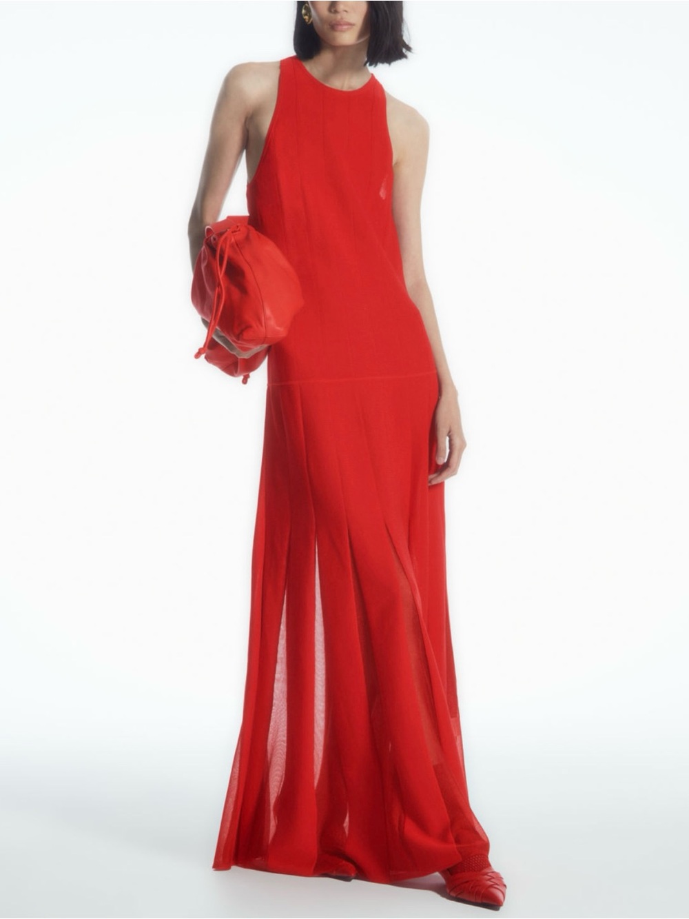 COS Red Pleated Maxi Dress Fluid Draped Semi Sheer Panels Sleeveless L
